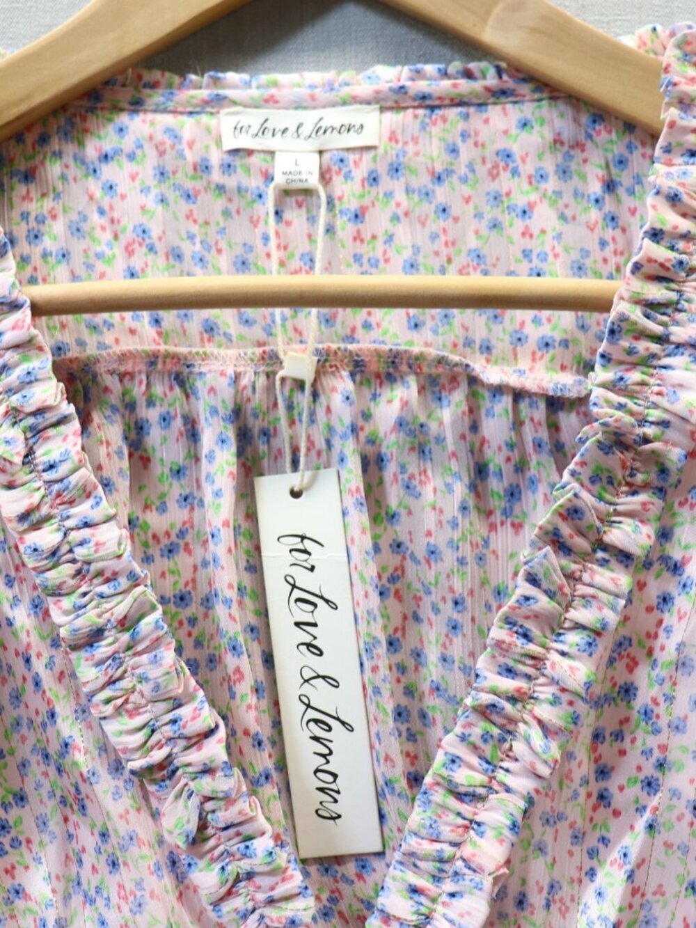 For Love & Lemons Phoebe Floral Mini Dress L Pink Cut Out Puff Sleeve NWT - Picture 4 of 16